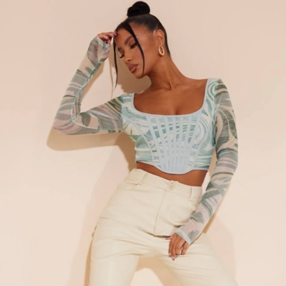 Green Abstract Printed Mesh Binding Detail Long Sleeve Corset - Picture 2 of 8